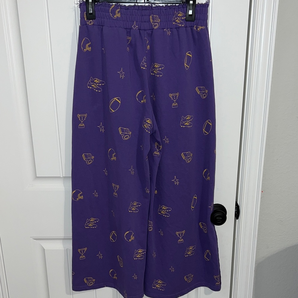 🏈Umgee Purple and Gold Wide Leg Terry Waistband Pants/Cropped Football Game Day - Picture 9 of 11